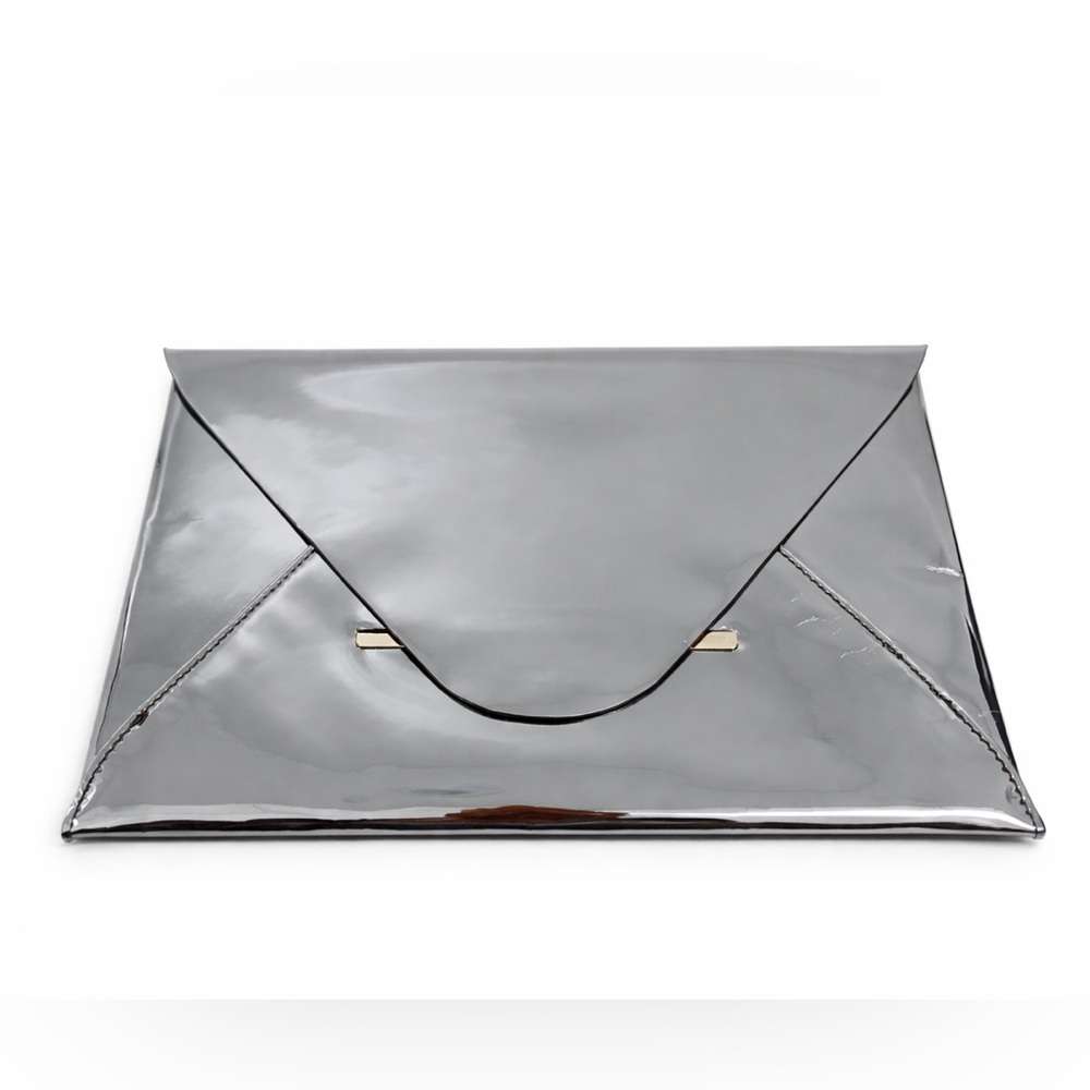 BCBG Max Azria Silver Metallic Envelope Clutch | Mirror Patent Evening Bag